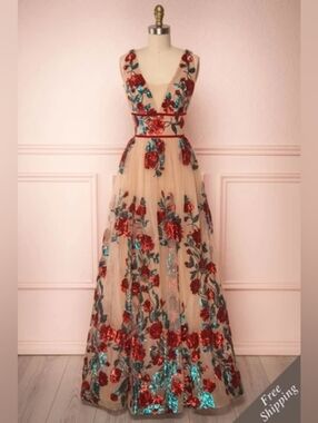 Bronx and Banco Nude Maxi Gown with Red and Green Sequin Florals